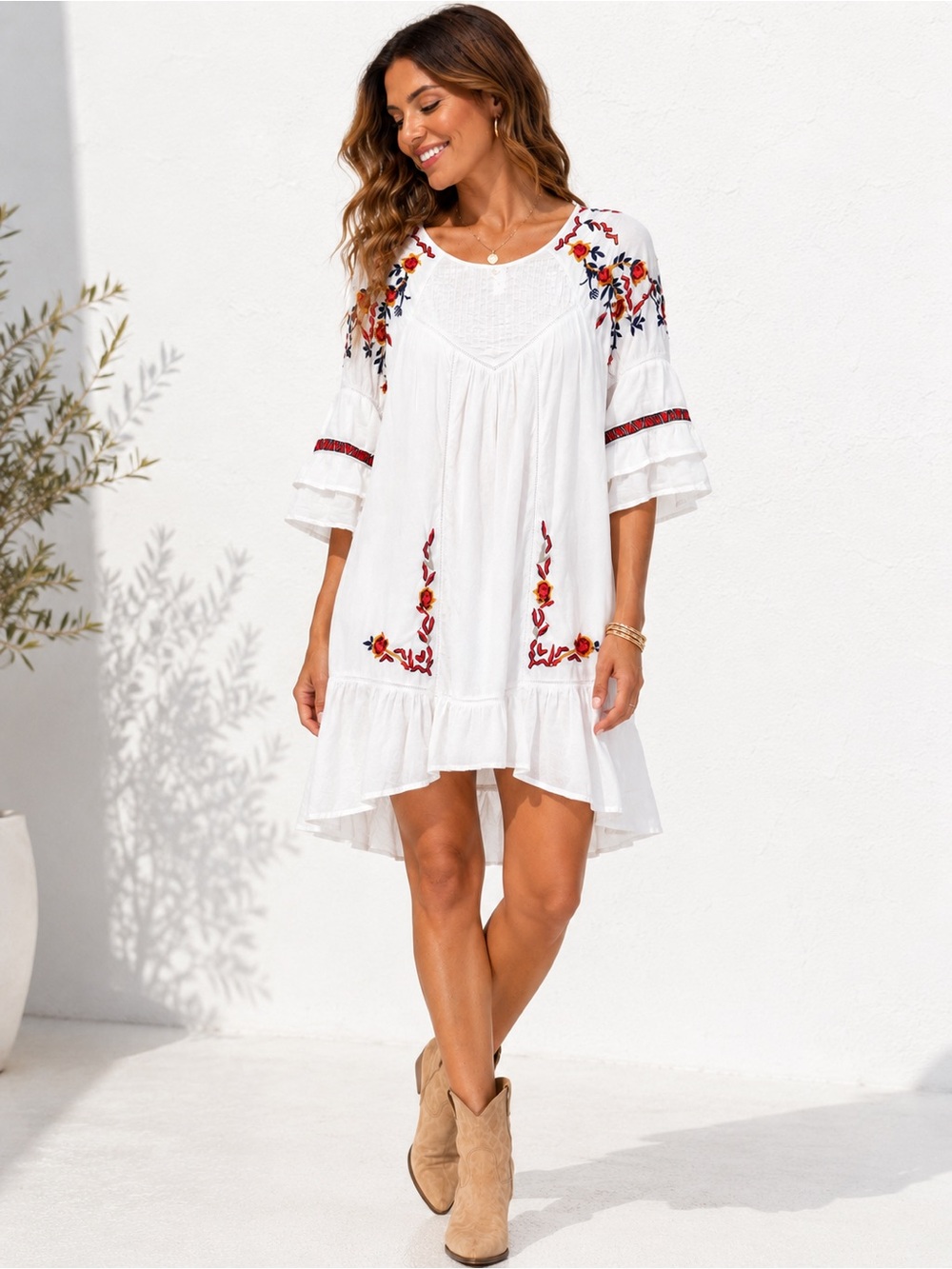 Free People White High-Low Embroidered Boho Dress with Red & Navy Accents